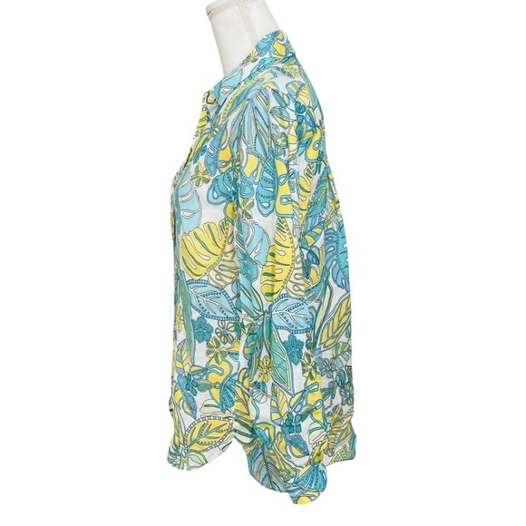 J McLaughlin Women’s Linen Shirt Aqua Yellow Tropical Print Button Down NWT $188 - Picture 6 of 15